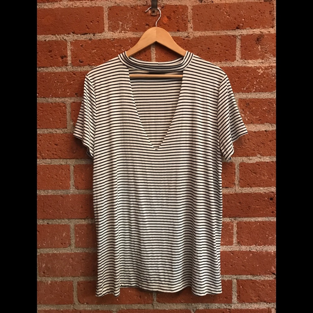 Women's choker neck deep v striped tee shirt